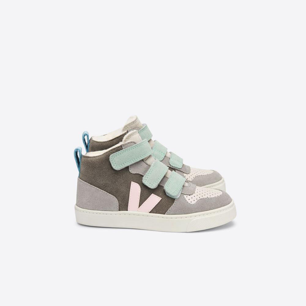 Veja Kid's V-10 Mid Fured Suede Sneakers - Brown/Grey/Pink/Blue - USA (82719-GIWX)